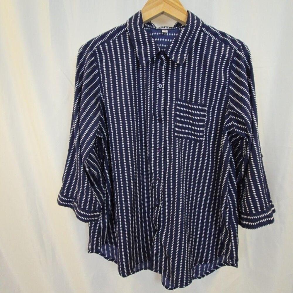 Rebecca Malone Shirt Womens 1X Blue Stripe Button Front Roll Tab 3/4 Sleeve Top
